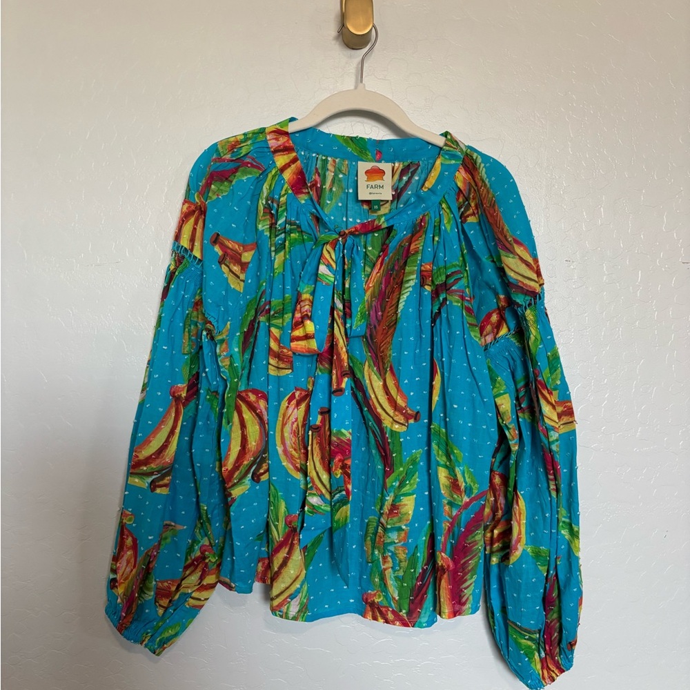 FARM Rio Banana Long Sleeve Blouse. Blue and Multicolored. oversized XS